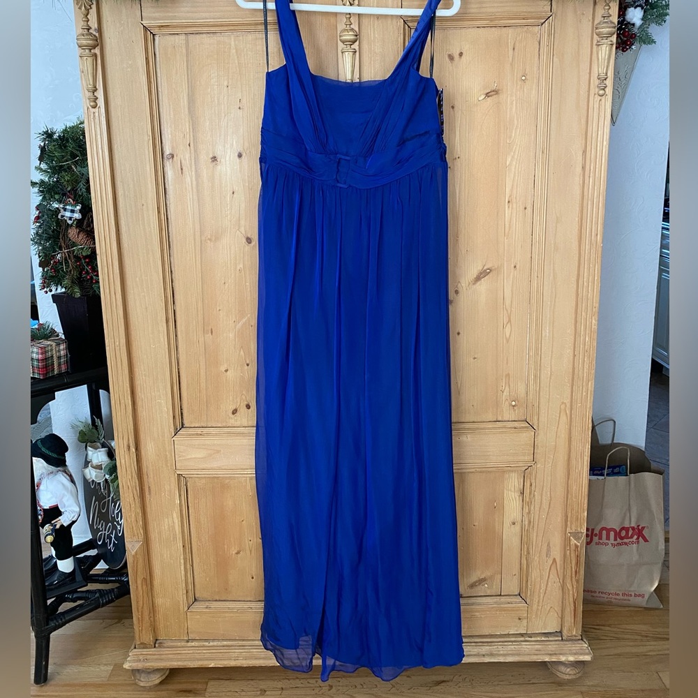David Meister Silk Chiffon Sleeveless Belted Evening Gown in Blue - Size 14